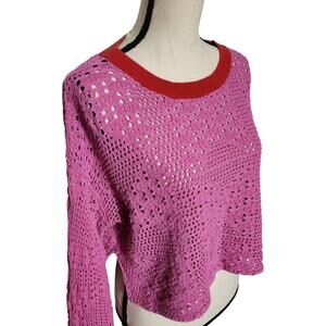 Free People Pink Chunky Knit Crochet Cropped Sweater SIze Sm Loose Fit Cotton